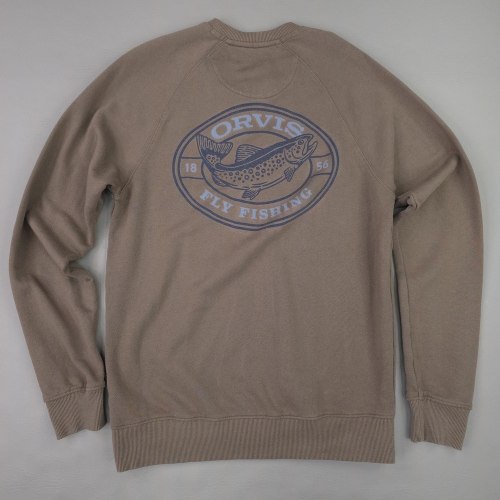 Orvis Sweatshirt Mens Small Brown Fly Fishing Graphic Logo Pullover Knit Outdoor